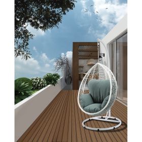 Patio Swing Chair with Stand in Green Fabric & White Wicker 45032