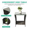 Wicker Side Table, Square End Table Bistro Coffee Table with Glass Top Storage Shelf for Porch Garden Backyard Grey