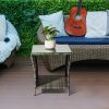 Wicker Side Table, Square End Table Bistro Coffee Table with Glass Top Storage Shelf for Porch Garden Backyard Grey