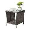 Wicker Side Table, Square End Table Bistro Coffee Table with Glass Top Storage Shelf for Porch Garden Backyard Grey