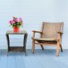 Wicker Side Table, Square End Table Bistro Coffee Table with Glass Top Storage Shelf for Porch Garden Backyard Grey