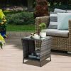 Wicker Side Table, Square End Table Bistro Coffee Table with Glass Top Storage Shelf for Porch Garden Backyard Grey