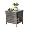 Wicker Side Table, Square End Table Bistro Coffee Table with Glass Top Storage Shelf for Porch Garden Backyard Grey