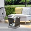 Wicker Side Table, Square End Table Bistro Coffee Table with Glass Top Storage Shelf for Porch Garden Backyard Grey