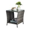 Wicker Side Table, Square End Table Bistro Coffee Table with Glass Top Storage Shelf for Porch Garden Backyard Grey
