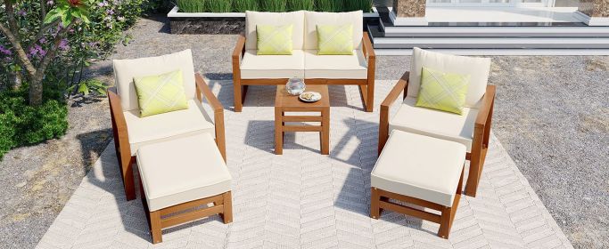 Wood 6-Piece Conversation Set, Sectional Garden Seating Groups Chat Set with Ottomans and Cushions for Backyard, Poolside, Balcon (Color: as Pic)
