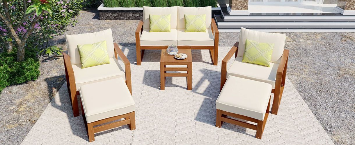 Wood 6-Piece Conversation Set, Sectional Garden Seating Groups Chat Set with Ottomans and Cushions for Backyard, Poolside, Balcon